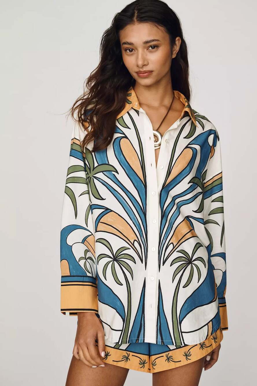 nwt FARM RIO For ANTHROPOLOGIE sz L Cotton Geometric Buttondown